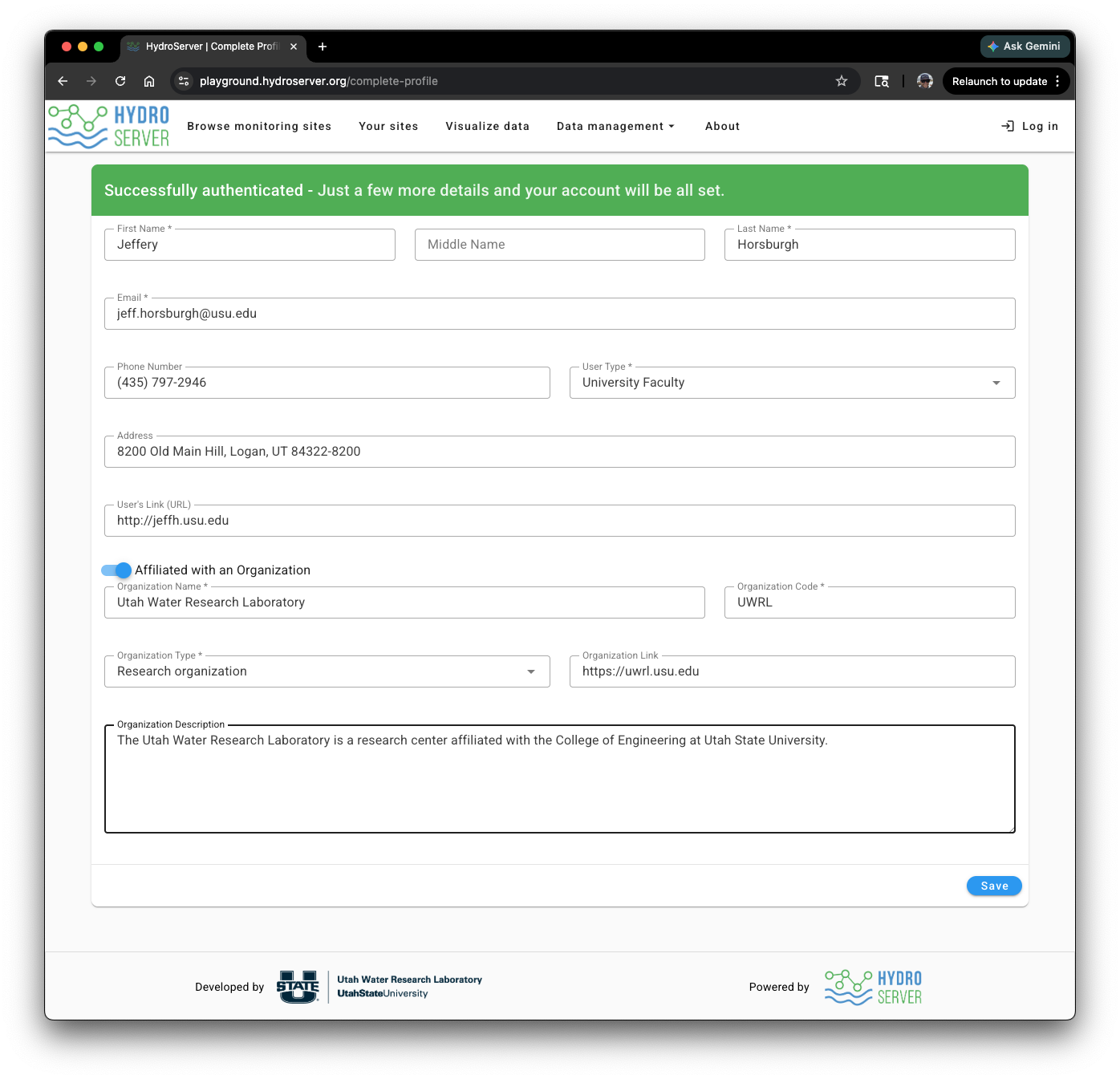 Account creation page